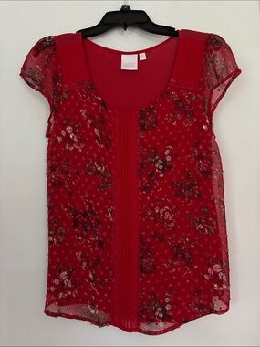 LC Lauren Conrad Red Floral Short-Sleeve Blouse size M